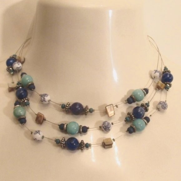 Layered Glass Genuine Stones MOP Stainless Steel Floating Necklace - Picture 5 of 12